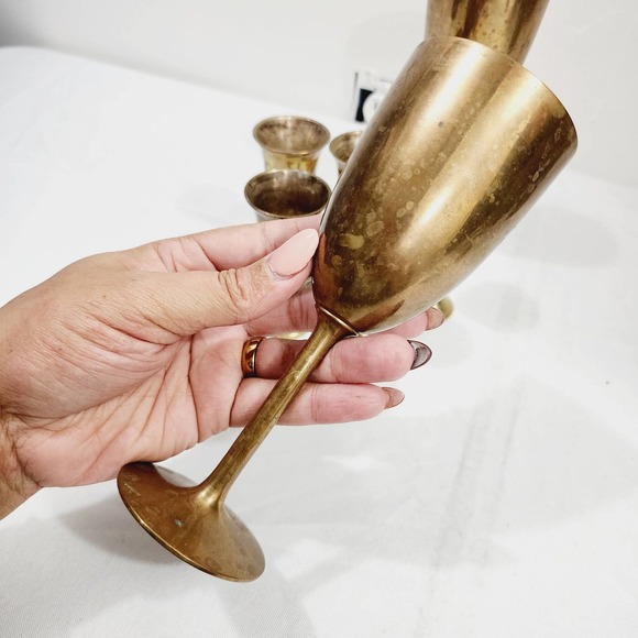Vintage Mid-Century Modern Brass Standard & Mini Wine Goblets Stem Made in india - Picture 11 of 16